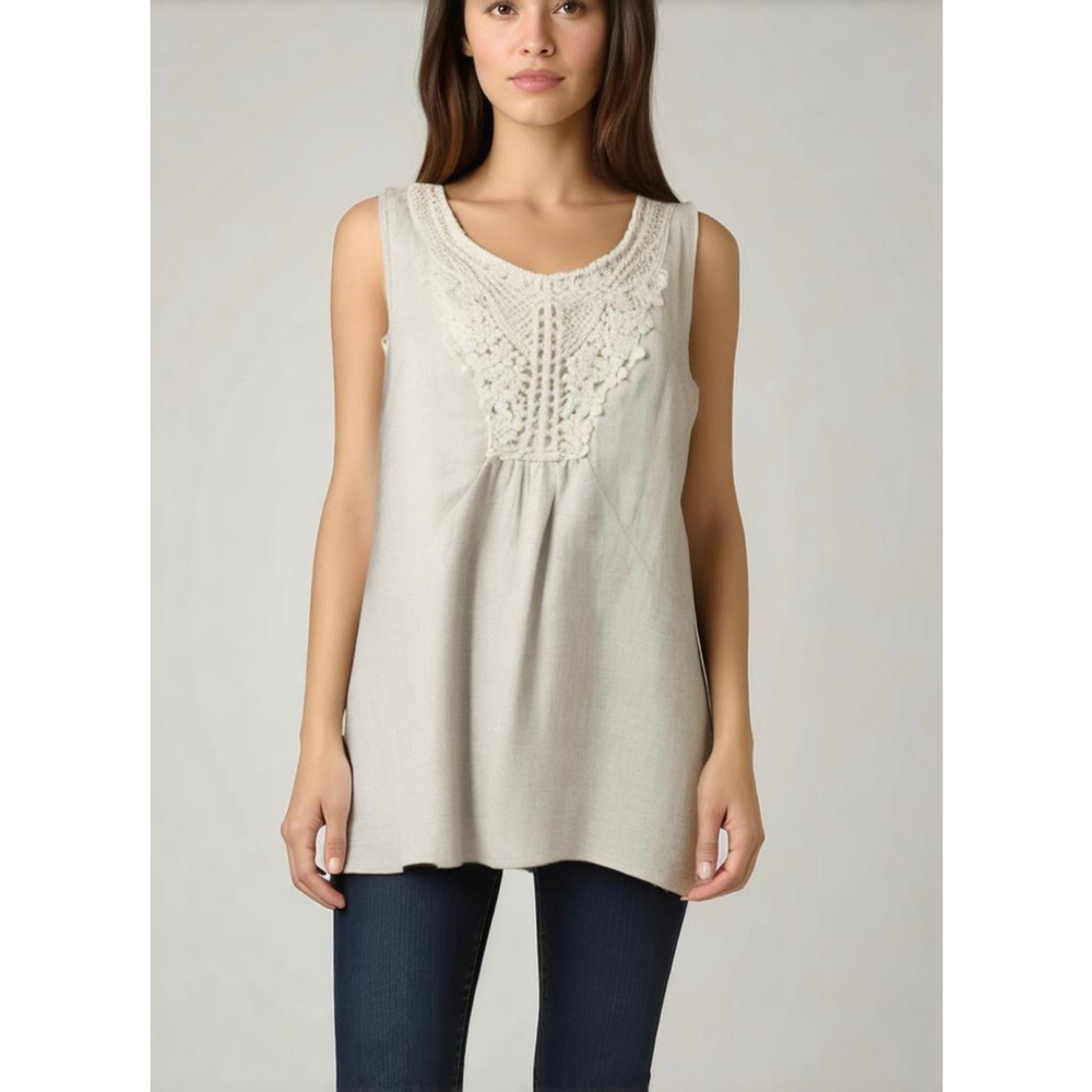 CalSyle Womens Sleeveless Top Beige Lace Detail Linen Blend Round Neck Coastal S
